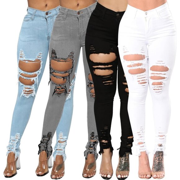 Women's Skinny Ripped Stretch Mid Rise Denim Jeans Casual Pants Black X-Large - Picture 7 of 9